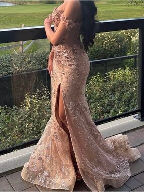 Embellished Blush Off-Shoulder Prom Gown with Side Slit